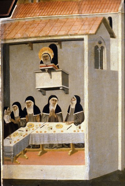 De goda systrarna äter fisk. 1200-talet. av Unknown artist