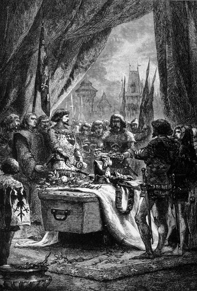 Guvernören placerade nycklarna till Chateauneuf de Randon på kistan till Bertrand Du Guesclin (1320 - 1380), en bretonsk krigsman och en fransk patriot mot engelsmännen. Gravyr av 1800-talet. av Unknown artist