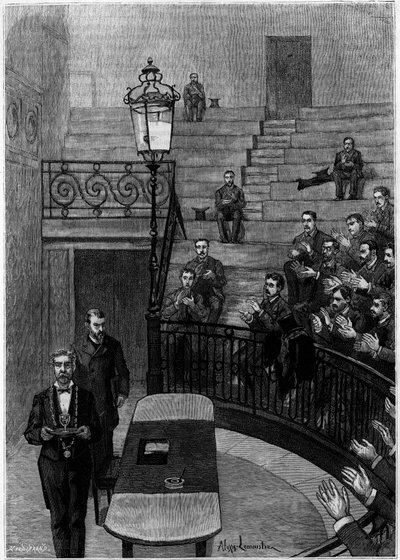 Den stora amfiteatern vid medicinska fakulteten i Quartier Latin i Paris. Gravyr i journalen "" La jeunesse"" av Unknown artist