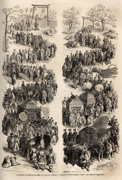 Den storslagna processionen av Mikado (kejsaren av Japan), vid dairi, det gamla kejserliga slottet Heian-kyo (Heian Kyo, nuvarande Kyoto) från 794 till 1869. Gravyr för att illustrera resan till Japan 1863-1864, av Aime Humbert, schweizisk minister av Unknown artist