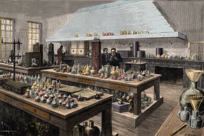 Det stora laboratoriet för Louis Pasteur (1822-1895), fransk kemist och biolog, vid Ecole Normale Superieure - Louis Pasteur i hans laboratorium på Ecole Normale Superieure - Gravyr av Meyer 1884 av Unknown artist