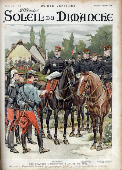1899 års armés stora manövrar. General Giovaninelli, chef för manövrer, kritiserar militära operationer. Gravyr i "" Le sun-du-dimanche"", den 3 september 1899. av Unknown artist
