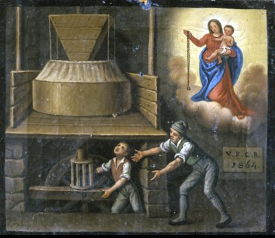 En ung arbetares hand är fångad i en kvarnsten. av Unknown artist