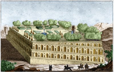 Den legendariska drottningen Semiramis hängande trädgårdar i Babylon, ett av världens sju underverk. Gravyr från 1829 i "Old History" av Rollin. av Unknown artist
