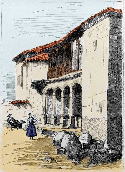 Huset Sante de Valcuebo i Salamanca där Christopher Columbus höll sin första konferens. Gravyr av 1800-talet av Unknown artist