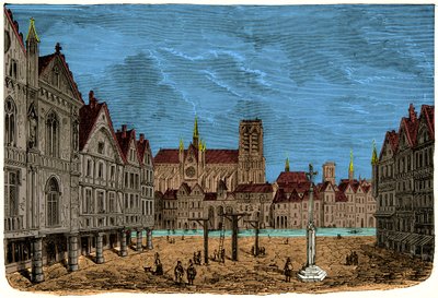Huset med pelarna eller huset av Dauphin, tidigare och första stadshotell i Paris under medeltiden, gravyr 1800-talet av Unknown artist