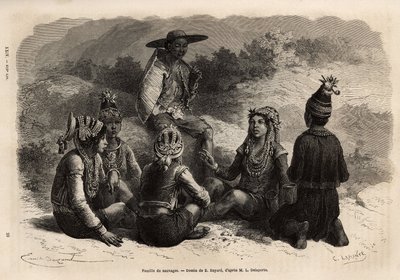 Urbefolkningen i Xieng Hong (Laos), klädda i traditionella dräkter, över sin jacka, pryder en sammetskista med beslag, med en kjol eller korta byxor kompletta med en liten keps. Gravyr för att illustrera upptäcktsfärden i Indokina, f av Unknown artist