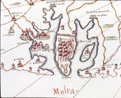 Ön Malta, med Fort St. Elmo (Detalj av Portulan de Castellini av Unknown artist