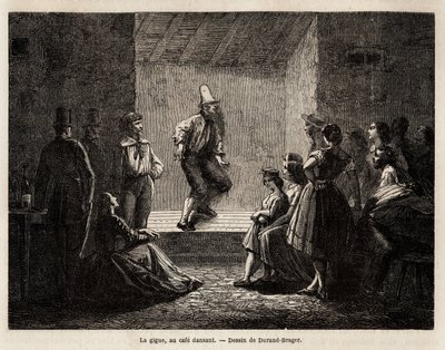 Skakan, på ett dansande kafé, teckning av Durand Brager, för att illustrera En utflykt till Londons fattiga stadsdelar 1862, av L.Simonin. Gravyr i "" Le tour du monde"", redigerad av Edouard Charton av Unknown artist