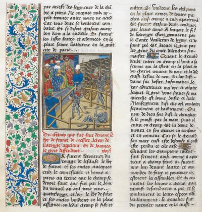 Den rättsliga striden mellan Jacques le Gris och Jean de Carrouges. Blommig kant. av Unknown artist