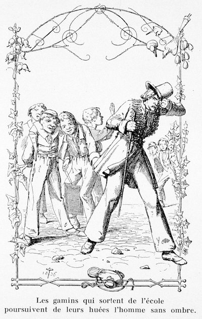 Barnen som lämnar skolan jagar mannen utan skugga - i "Den underbara historien om Pierre Schlemihl" av Adelbert Von Chamisso av Unknown artist