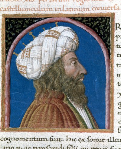 Kungen av Persien Artaxerxes III Ochos (död 338 f.Kr.) Miniatyr hämtad från "" Paralleles of illustrious men""" från Plutarchus (46-125 AD) (MS XV. 1) 1400-talet. Cesena, Biblioteca Malatestiana av Unknown artist