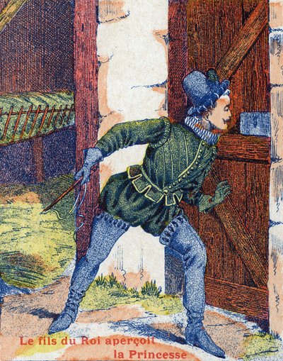Kungasonen såg prinsessan. Illustration till berättelsen "" Åsneskinn" av Charles Perrault (1628-1703), fransk författare. Bildmaterial Marcel Vagne, Jarville Nancy, odaterat (slutet av 1800-talet). av Unknown artist