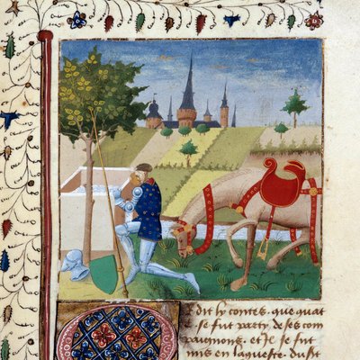 Riddaren av det runda bordet Gauvain (eller Gawain), brorson till kung Arthur nära en fontän. Miniatyr från manuskriptet "The novel of the Quete of the Grail"" 1450-1460 Dijon, Stadsbiblioteket av Unknown artist