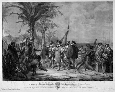 Christopher Columbus landstigning i San Salvador (Bahamas) den 12/10/1492. Gravyr av 1800-talet. av Unknown artist