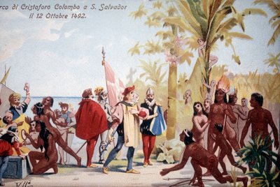 Christopher Columbus landstigning i San Salvador (Bahamas) den 12/10/1492. kromolitografi 1800-talet. av Unknown artist