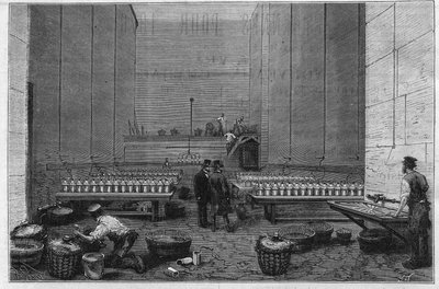 Det stora elektricitetsrummet på Opera Garnier eller tvåhundra Bunsen-batterier gör det möjligt att projicera strålarna från den elektriska solen av Unknown artist