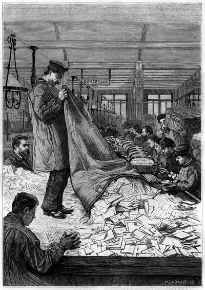 De stora bokstäverna i sorteringscentralerna på Hotel des Postes på Rue du Louvren i Paris. Gravyr i journalen "" La jeunesse"" av Unknown artist