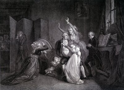 Den sista intervjun av Ludvig XVI med hans familj (Marie Antoinette och Ludvig XVII). Gravyr av 1800-talet. av Unknown artist