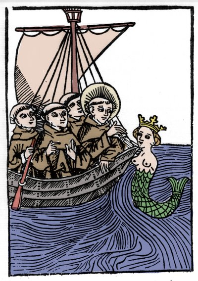 Legenden om Saint Brendan (Brandan), hjältar och irländskt helgon från 600-talet. St Brendans möte med Sirene. Gravyr av "" Die Wunderbare Meerfahrt des Hl. Brandan.” Bal av Unknown artist
