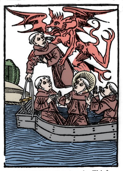 Legenden om Saint Brendan (Brandan), hjältar och irländskt helgon från 600-talet. Djävulen tar bort tjuvmunken. Gravyr av "" Die Wunderbare Meerfahrt des Hl. Brandan.” Bal av Unknown artist