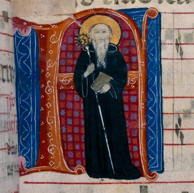 Bokstaven A med en avbildning av S:t Benedictus: f.70r av ett Antifonarium av Unknown