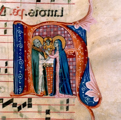 Bokstaven "N" med en skildring av presentationen vid templet: f.36v av Antifonariet av Unknown artist