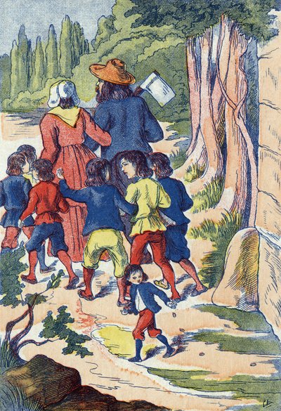 Den lilla fickan sår stenar i hans väg. Illustration till "" Le Pepetit poucet", berättelse av Charles Perrault (1628-1703), fransk författare. Anonym illustration. Bildmaterial Marcel Vagne, Jarville Nancy, odaterat (slutet av 1800-talet). av Unknown artist