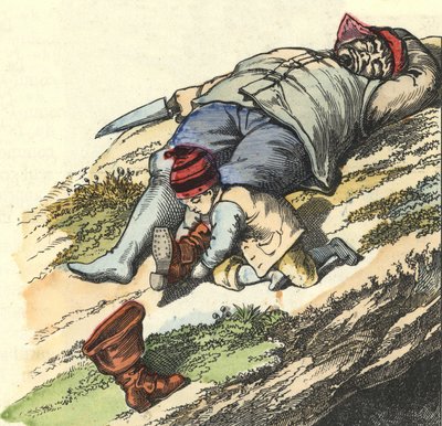 Den lilla fickan stjäl stövlarna från 7 ställen från den sovande ogren. Illustration av berättelsen "" Le Petit Poucet"" av Charles Perrault av Unknown artist