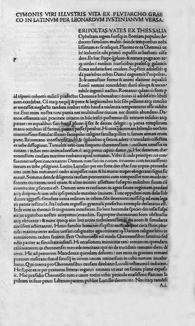 Berömda mäns liv. Sida i boken Plutarch di Cheronee, även kallad "" Paralleles Lives"". 1495. av Unknown artist