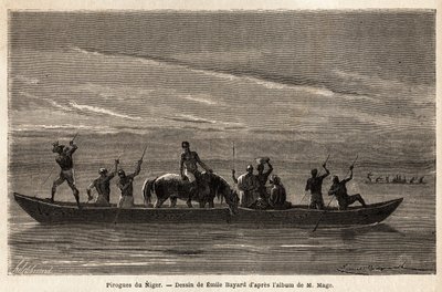 De långa kanoterna i Bambaras vid Nigerfloden, manövrerade med långa sittpinnar, kan bära flera personer och till och med boskap eller hästar. Gravyr för att illustrera resan till västra Sudan av löjtnant (marinen) M. Mage, 1863-1866, publicerad i "Le tour av Unknown artist