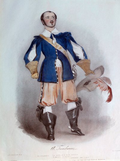 Den lyriske sångaren Antonio Tamburini (1800-1876) i rollen som Riccardo för operan "I puritani"" av Vincenzo Bellini (1801-1835), akvarell från 1836. Paris, biblioteket på Operamuseet av Unknown artist