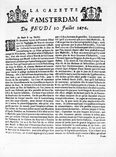 Huvudsidan för "The Amsterdam Gazette" torsdagen den 30 juli av Unknown artist