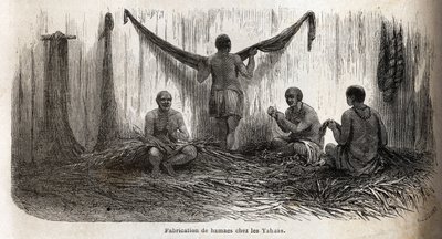 Tillverkning av hängmattor filéer bland Yahua-indianerna i Peru, från tunna trådar av palmchambira-träd. Gravyr för att illustrera resan från Stilla havet till L