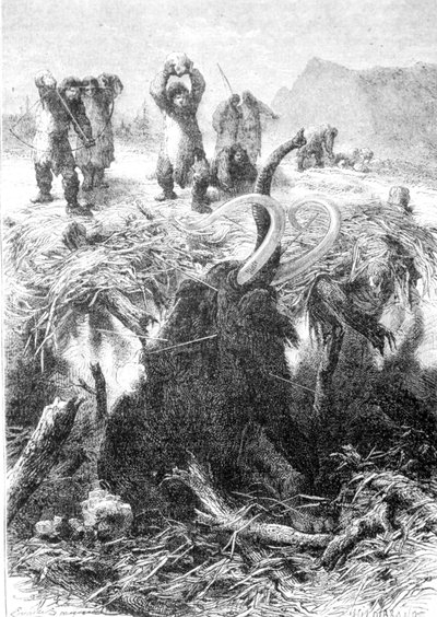 Mammutjakten. Gravyr från slutet av 1800-talet. av Unknown artist