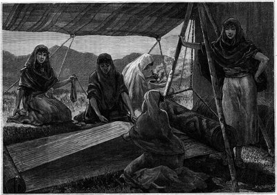 Tillverkning av mattor av nomadkvinnor i Persien. Gravyr i journalen "" La jeunesse"" av Unknown artist