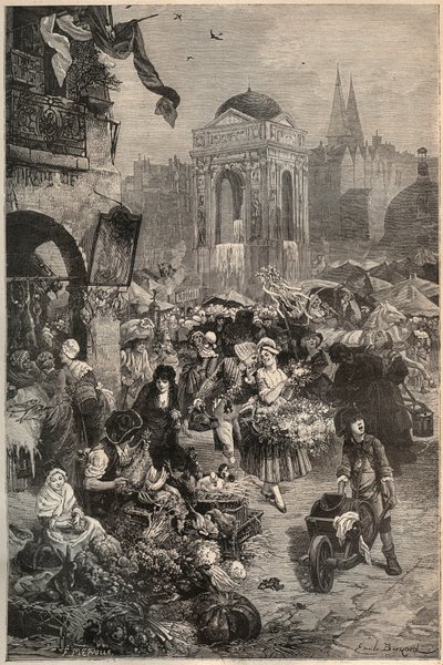 De oskyldigas marsch och fontän, Paris på 1700-talet - gravyr från 1800-talet av Unknown artist