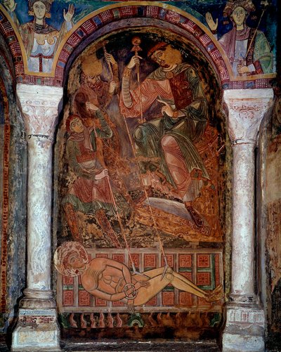 Saint Laurents martyrskap (210/220-258) dog på grillen, fresk av staden Berze. 1000-talet. Chapel of the Moines, Berze la Ville av Unknown artist