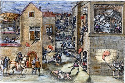 Massakern på Saint Barthelemy (1572). gravyr av 1600-talet. av Unknown artist