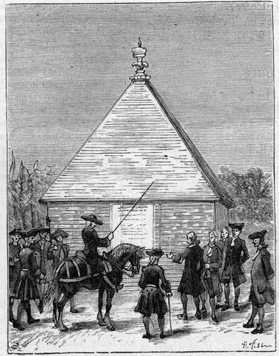 Måttet på graden av Ecuador på 1700-talet: pyramiden i Carabourou, Peru, upphöjd av La Condamine 1736. Gravyr i "" La Nature: revue des sciences et de leurs applications aux arts et a l