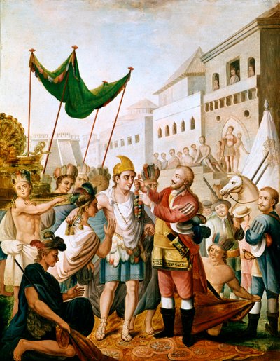 Mötet mellan Hernan Cortes eller Fernand Cortez och Montezuma i november 1519 av Unknown artist