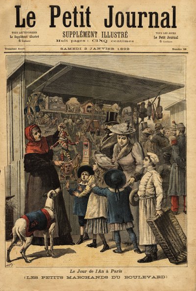 Köpmännen och deras boulevard visas på årets dag i Paris. Gravyr i "" Le petit journal"" 1892-01-02. Selvas samling. av Unknown artist