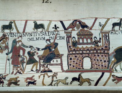 Budbärarna till kungen av Normandie Vilhelm Erövraren (1027-1087) informerade honom om att Harold, som kom från England på uppdrag av kung Edward Bekännaren av England, togs till fånga av greve Guy de Ponthieu. Detail of the Tapestry of Bayeux eller Emb av Unknown artist