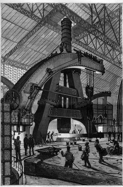 Metallindustrin: Smedjan. Creusot-ånghammaren (trummishammaren) installerad i Schneiders och Compagnie-fabrikerna. Gravyr i "" La Nature"" av Unknown artist