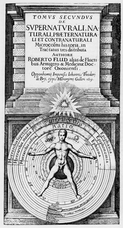 Mikrokosmos och makrokosmos - Allegorisk representation av människans position i universum (man av vitruva): förhållandet mellan människan (mikrokosmos) med makrokosmos symboliserar av sfärerna av solen, månen och planeterna, olika temperament och t. av Unknown artist