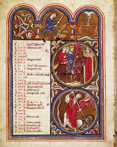 September månad, jordbruksarbete (skördar, tröska av vetet med en blomma), festen för korsets upphöjelse, S:t George som besegrar draken Manuskriptsida hämtad från "" The psalter of Saint Elizabeth""" 1200-talet Cividale, Mus av Unknown artist