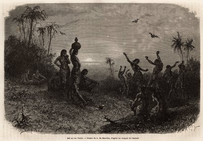 Månskensbalen, som avslutar 18-årsjubileumsceremonin och bröllopet för en ung indisk man från Rio Verde (Brasilien). Gravyr för att illustrera resan till Nya Granada, av Dr. Saffray, 1869, publicerad i "" Le tour du monde""" 1873, redigerad av av Unknown artist