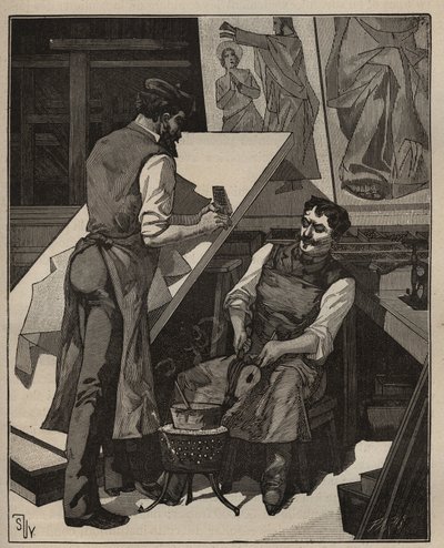 Mosaiken: mosaikverkstad. Gravyr från 1885 i "" Les arts et metiers illustres"" av Adolphe BITARD. av Unknown artist
