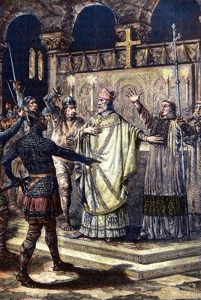 Mordet på St Thomas Becket vid Canterbury Cathedral, 29 december 1170, av riddare från kung Henrik II:s hov (Trästick av Unknown artist