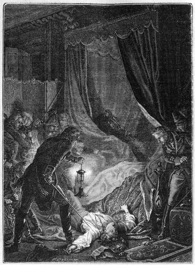 Mordet på tsar Paul I av Ryssland, mars 1801 - Illustration 1882-1884 - Mordet på Paul I Petrovich (1754-1801), rysk tsar, i hans rum på Sankt Mikaels palats efter att ha tvingats underteckna sin abdikation - Illustration 1882- 1884 av Unknown artist